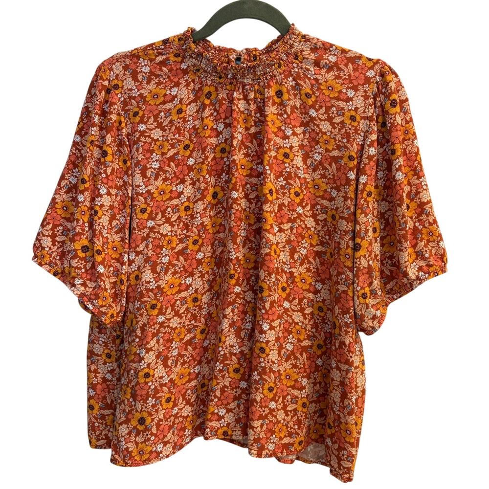 Knox Rose Orange Ditsy Floral Mock Neck Puff Sleeve Boho Blouse Cottagecore XXL